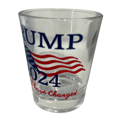 Trump 2024 Rules Have Changed shot glass featuring red, white, and blue design with large navy lettering and an American flag graphic.