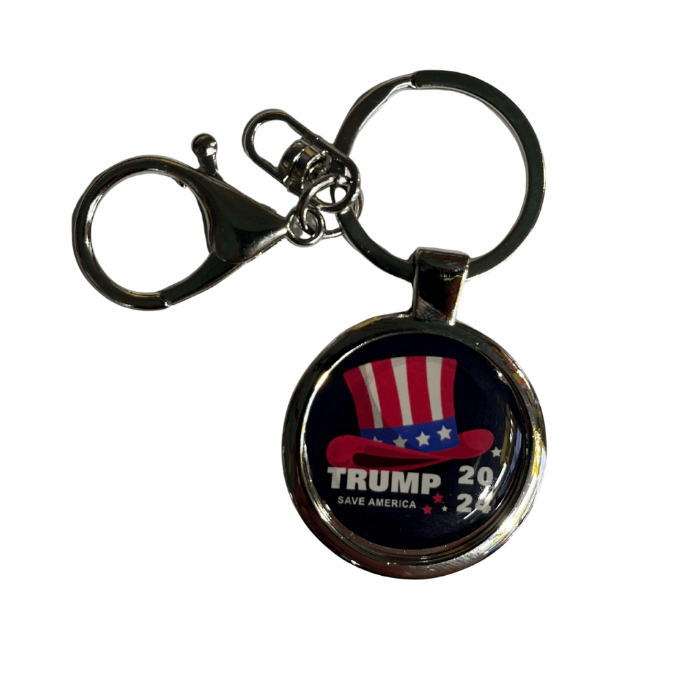 Trump 2024 Save America keychain featuring a patriotic top hat in red, white, and blue, set against a navy background, with a polished silver-tone finish.
