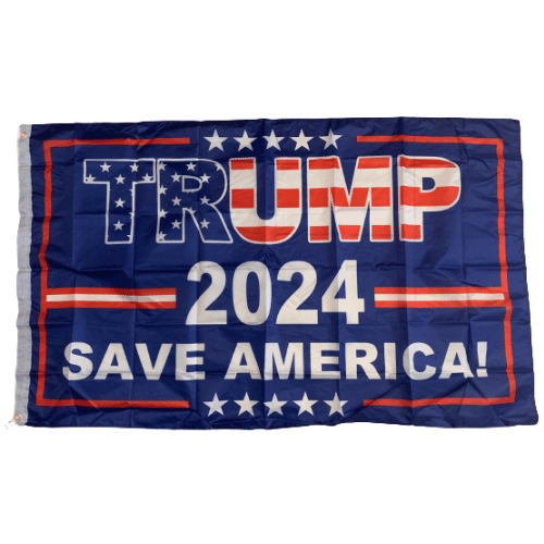 Trump 2024 Save America Patriotic 3x5 Flag featuring bold white text against a blue background, displayed outdoors, symbolizing patriotism.
