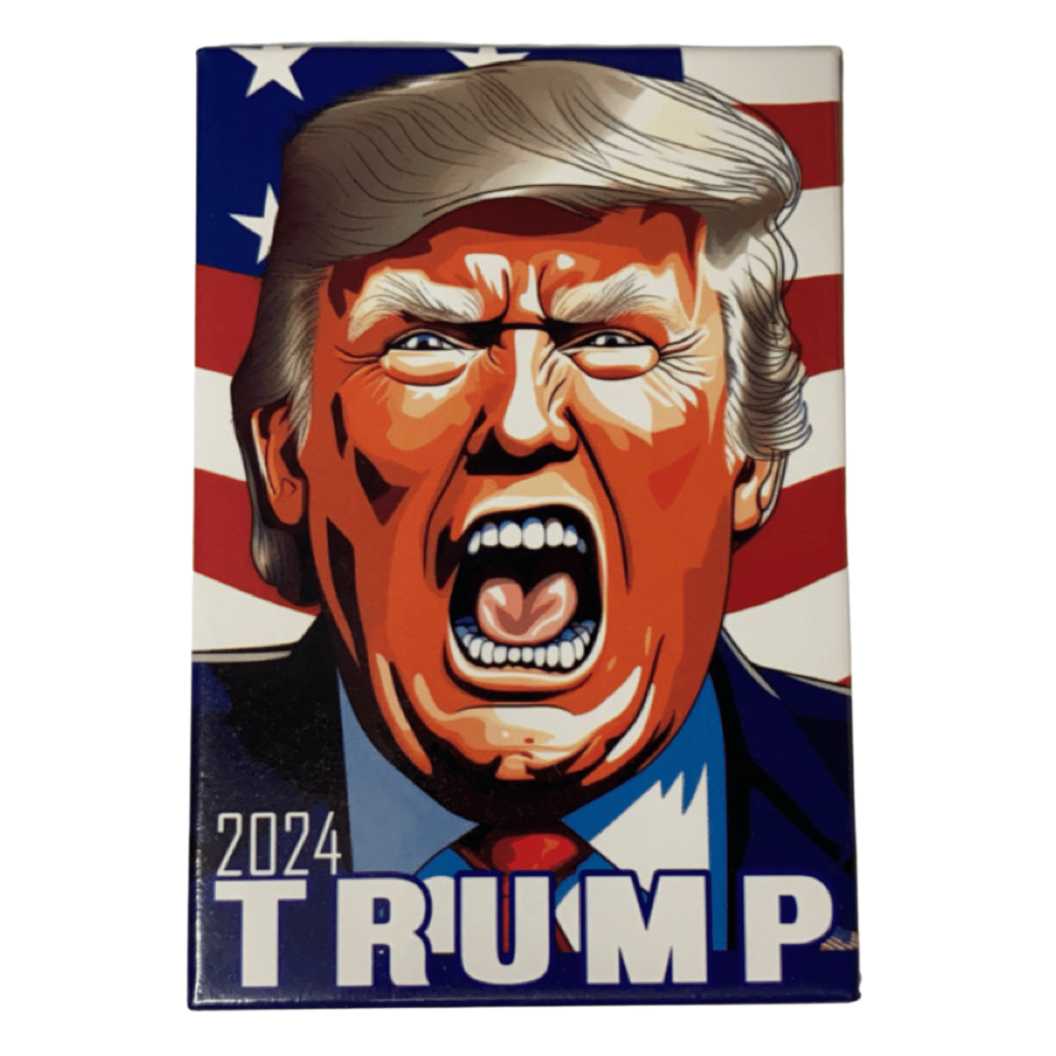 Trump 2024 Screaming USA magnet measuring 2x4 inches featuring animated image of Trump yelling, ideal for magnetic surfaces like fridges.