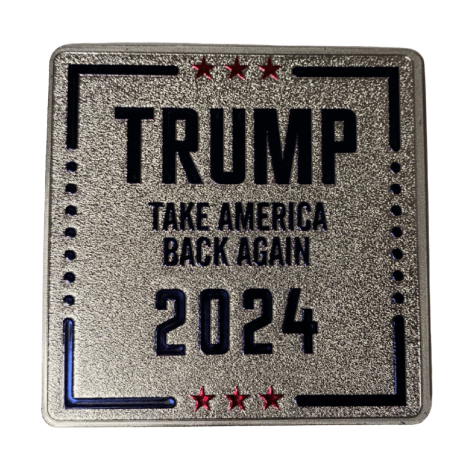 Trump 2024 Take America Back Again Silver Magnet with metallic finish displayed on a refrigerator, featuring bold campaign slogan.