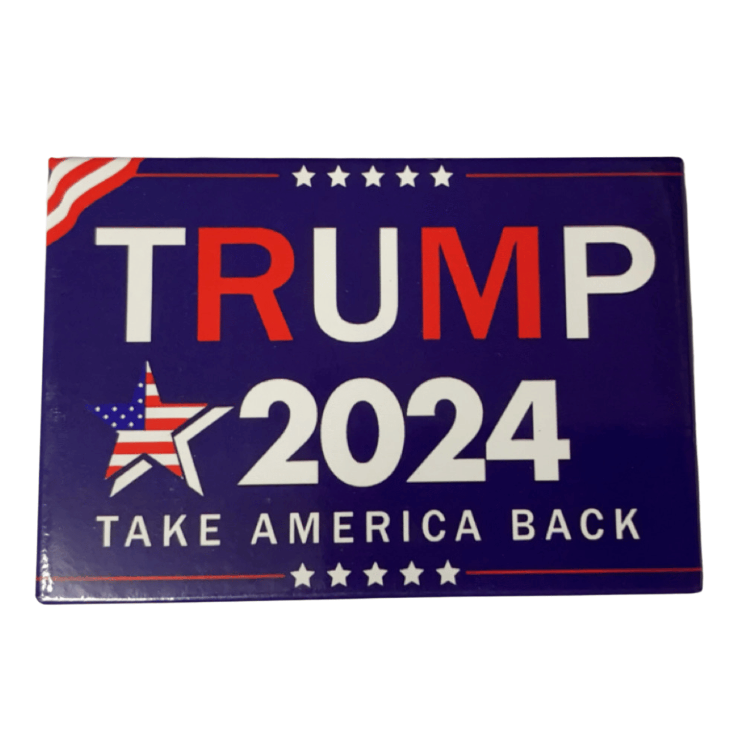 Trump 2024 Take America Back Blue Magnet featuring a blue background and patriotic star border, perfect for displaying support on vehicles or fridges.