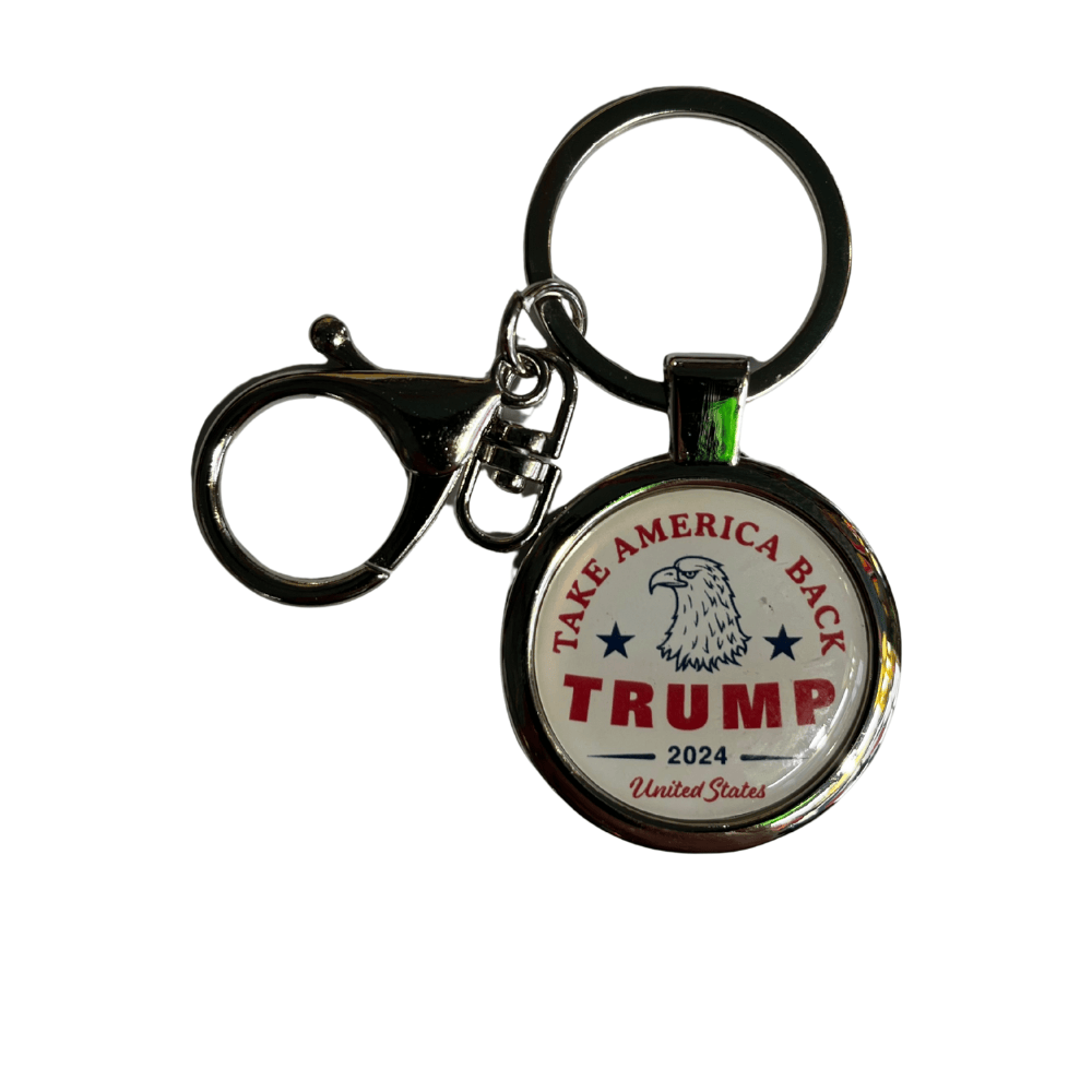 The Trump 2024 Take America Back Keychain features a vibrant red and blue eagle design against a white background, framed in polished silver tone for durability and style.