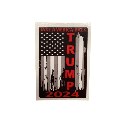 Trump 2024 Take America Back Mini Sticker displayed on a laptop, showcasing a vibrant design meant for humor and political expression.