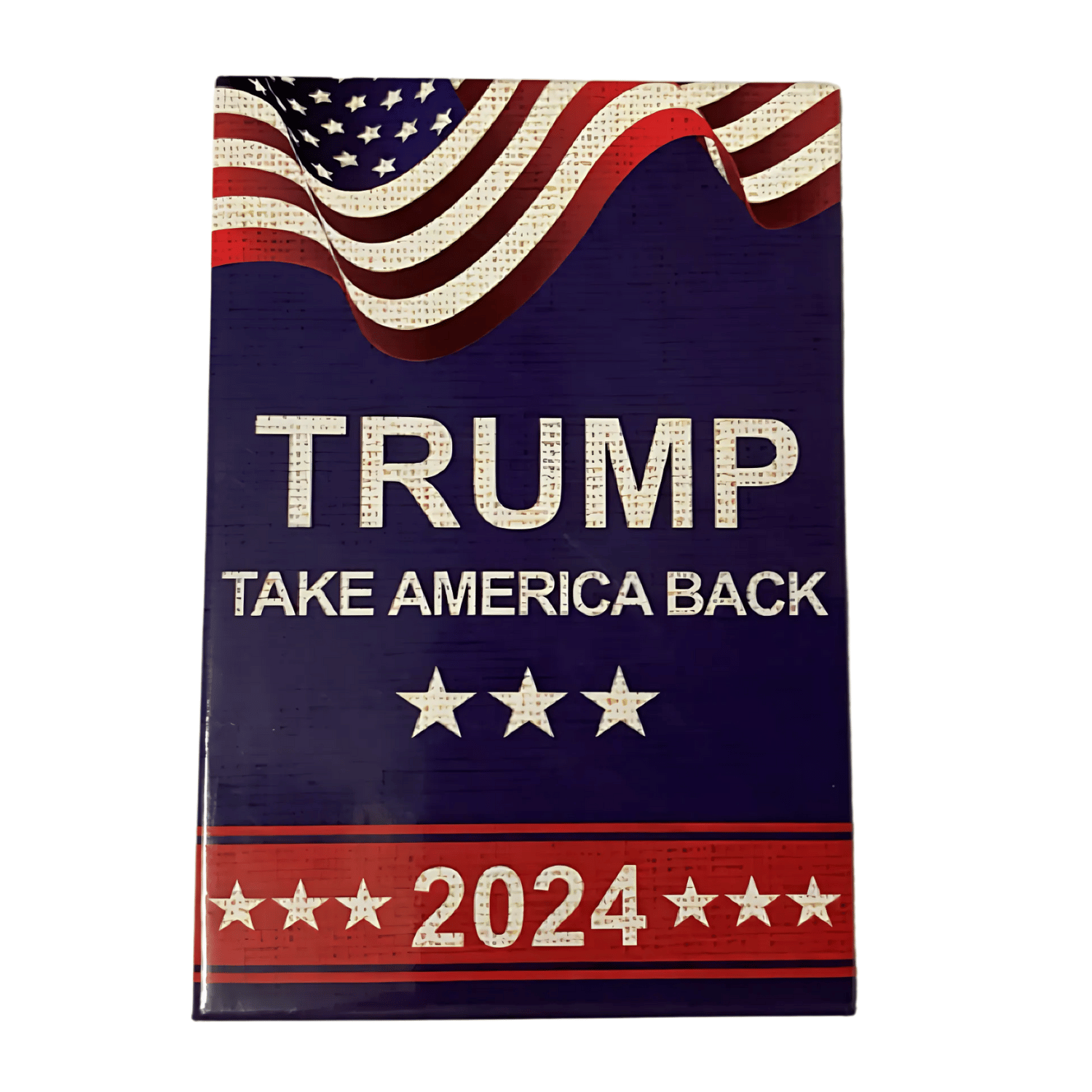 Trump 2024 Take America Back Patriotic Magnet featuring an American flag design and bold slogan on a refrigerator in a home setting.