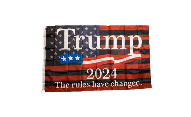 Trump 2024 The Rules Have Changed 3x5 flag with black and white design displayed on a flagpole in an outdoor setting.