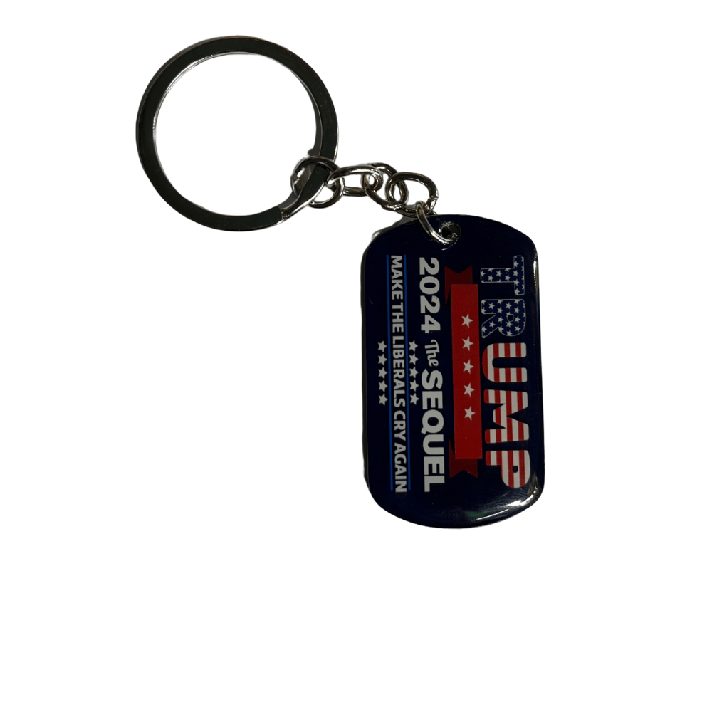 Trump 2024 The Sequel Keychain in navy dog tag shape featuring white lettering and red accents, designed for daily use and collection.