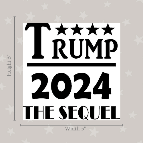 Trump 2024 The Sequel medium sticker in black and white applied on a laptop, showcasing a bold political statement.