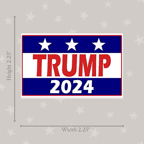 Trump 2024 three star mini sticker featuring colorful design displayed on a laptop, adding a touch of political humor.