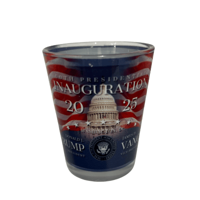 Trump 2025 Inauguration Shot Glass made of crystal-clear glass featuring U.S. Capitol and American flag backdrop with images of Trump and Vance.