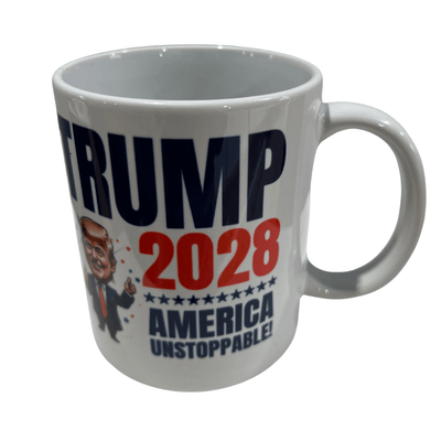 Trump 2028 America Unstoppable Mug showcasing Donald Trump giving two thumbs up with red, white, and blue colors against a bright background.