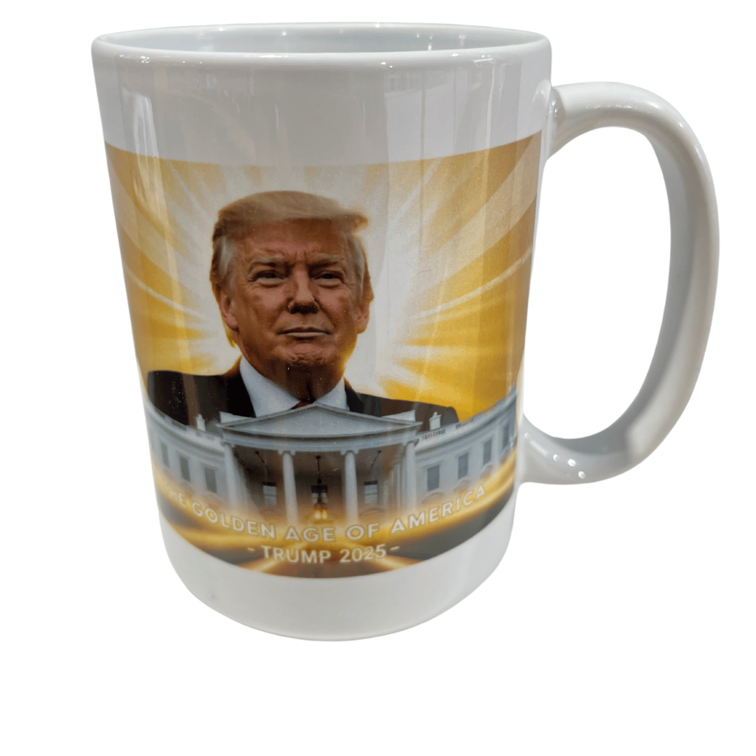 Trump 2028 Golden Age Mug featuring Donald Trump standing before the White House, illuminated by golden rays of light.