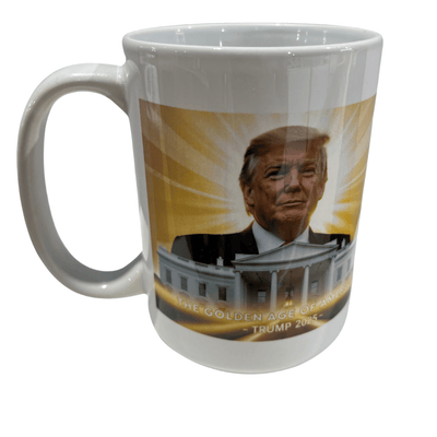 Trump 2028 Golden Age Mug featuring Donald Trump standing before the White House, illuminated by golden rays of light.