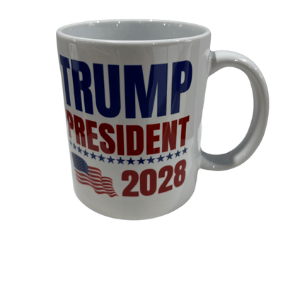 Trump 2028 Presidential Mug showcasing a bold red, white, and blue design with a waving American flag and stars, ideal for political supporters.