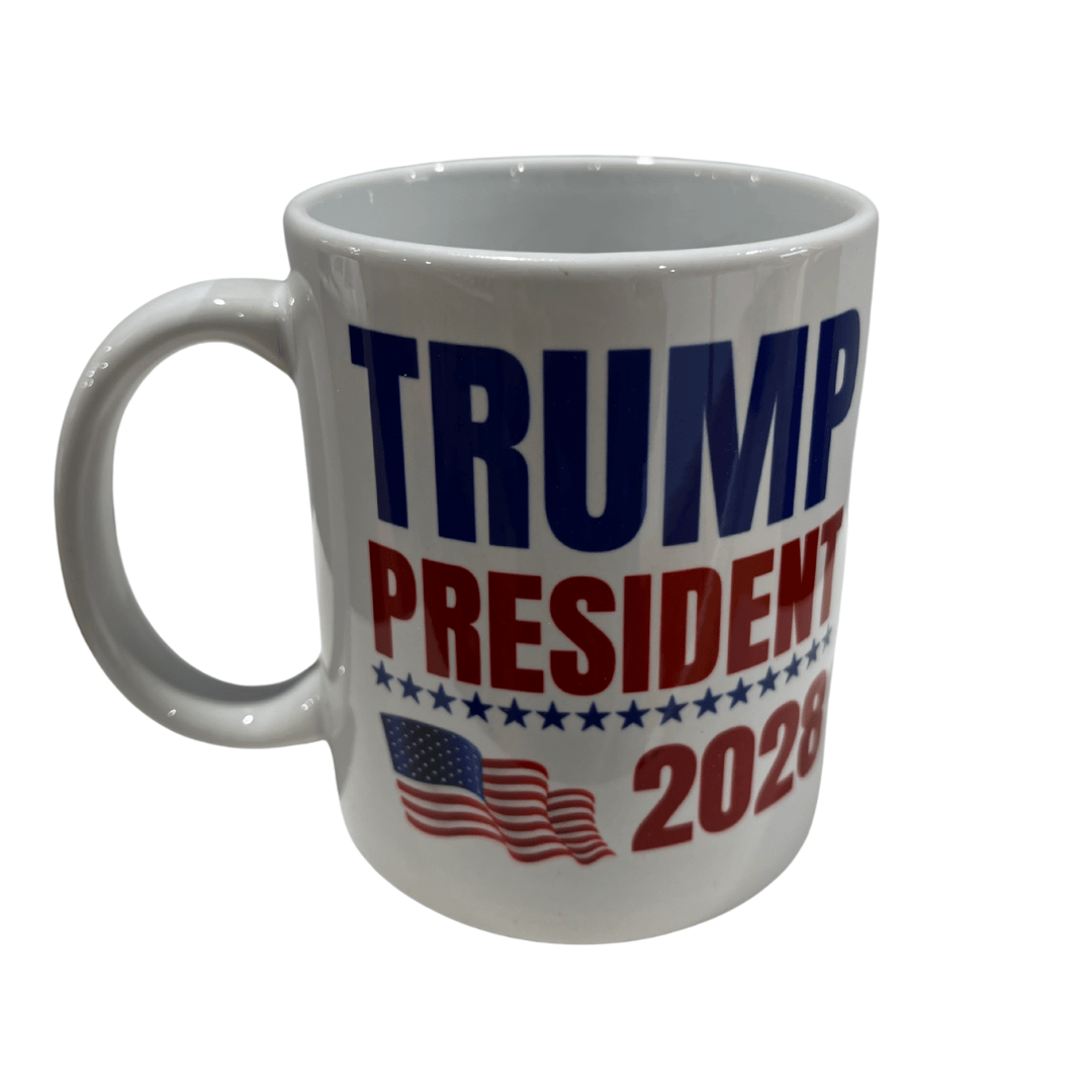Trump 2028 Presidential Mug showcasing a bold red, white, and blue design with a waving American flag and stars, ideal for political supporters.