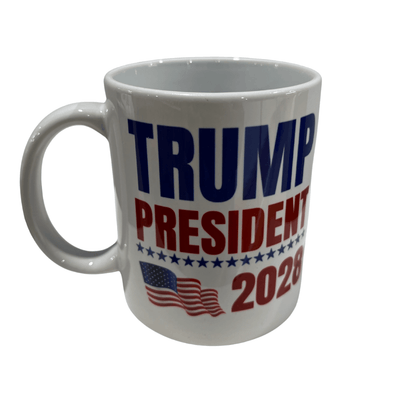 Trump 2028 Presidential Mug showcasing a bold red, white, and blue design with a waving American flag and stars, ideal for political supporters.