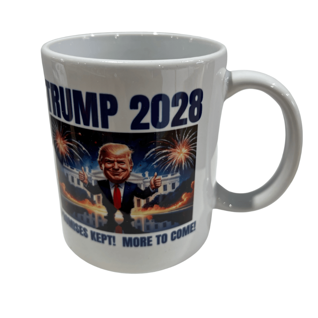 Colorful Trump 2028 Promises Kept Mug featuring cartoon Trump with double thumbs-up in front of the White House and fireworks.