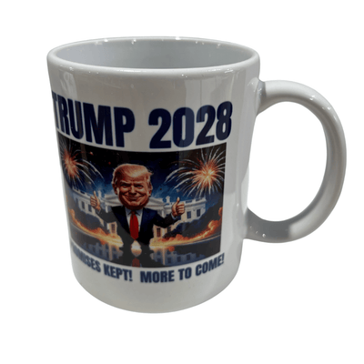Colorful Trump 2028 Promises Kept Mug featuring cartoon Trump with double thumbs-up in front of the White House and fireworks.