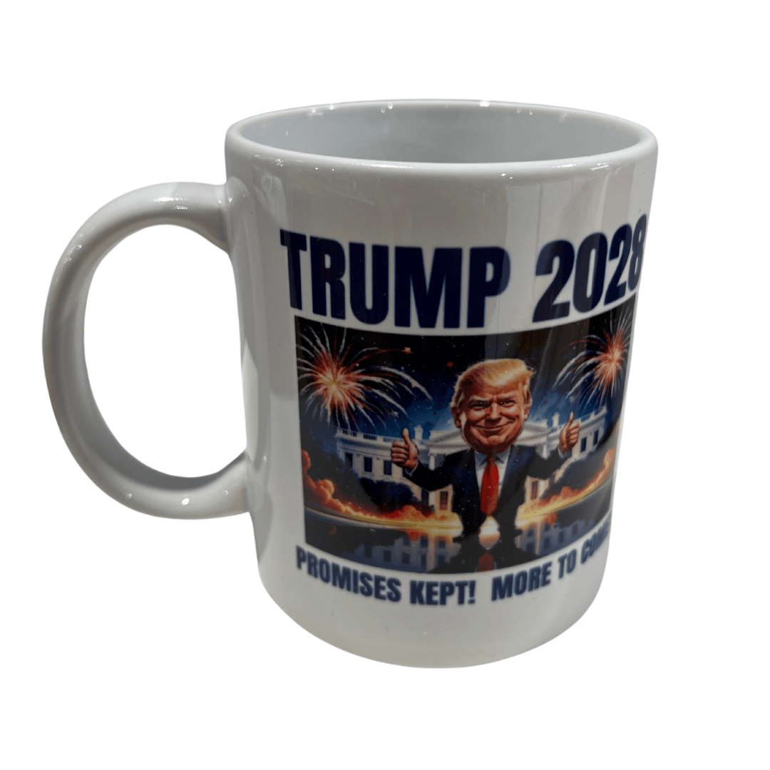 Colorful Trump 2028 Promises Kept Mug featuring cartoon Trump with double thumbs-up in front of the White House and fireworks.