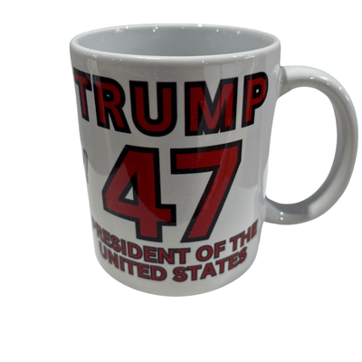 Trump 45/47 Double Trouble Mug featuring bold red and black lettering and a full-wrap design celebrating Trump's presidency.