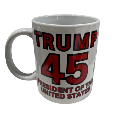 Trump 45/47 Double Trouble Mug featuring bold red and black lettering and a full-wrap design celebrating Trump's presidency.