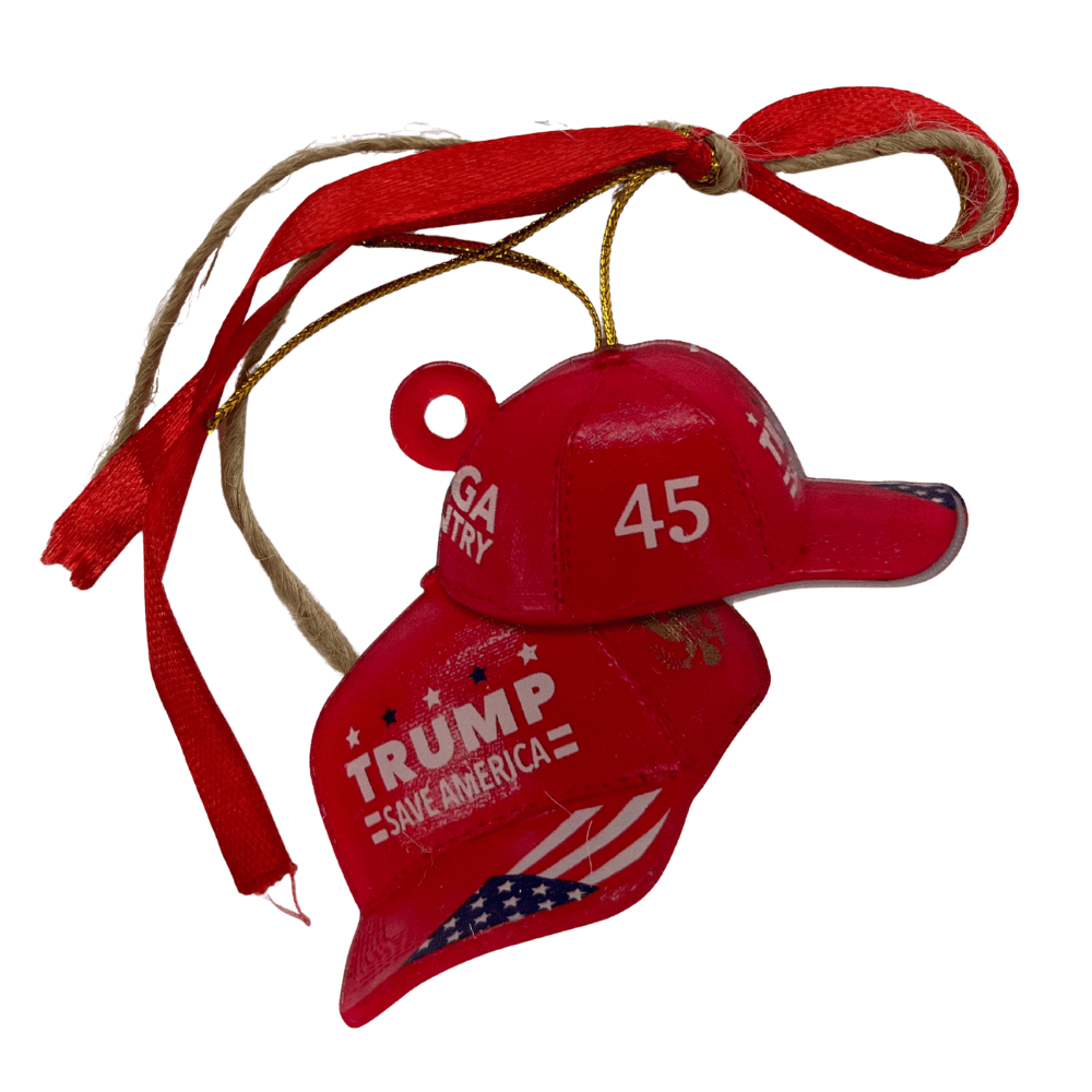Trump 45 Red Hat Ornament featuring detailed 3D design and glossy finish, perfect for festive Christmas tree decoration.