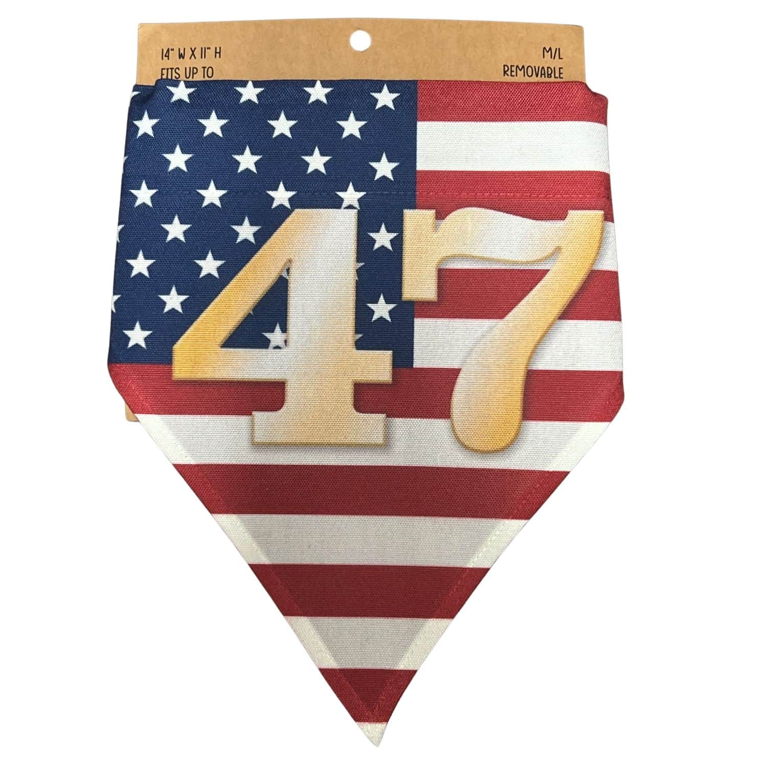 Trump 47 Dog Bandana designed with USA flag pattern and bold '47' for patriotic dogs, adjustable strap for comfort and style.