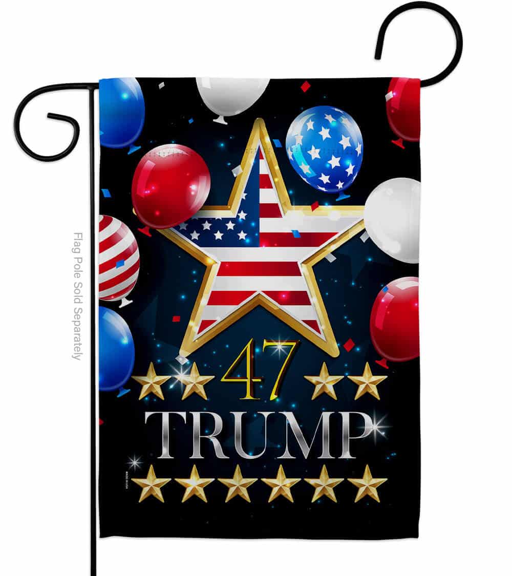 Trump 47 Garden Flag featuring bold design, displayed in an outdoor setting, made from all-weather resistant polyester.