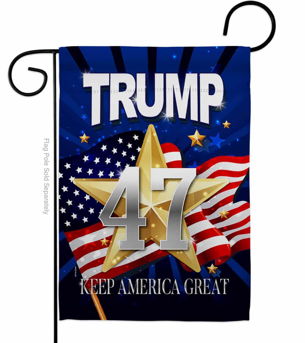Trump 47 Keep America Great double-sided garden flag in vibrant colors displayed on a pole, showcasing its bold slogan in a front yard.