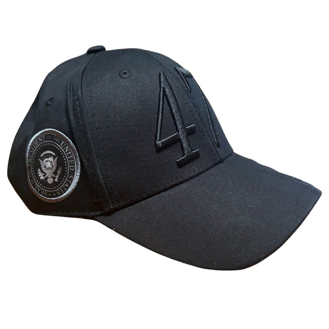 Trump '47 President Black Hat featuring black-on-black embroidery with Presidential Seal, perfect for showing support in a stylish way.