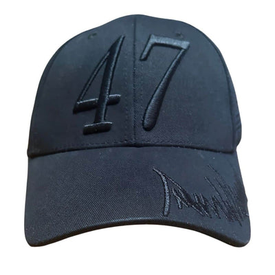 Trump '47 President Black Hat featuring black-on-black embroidery with Presidential Seal, perfect for showing support in a stylish way.