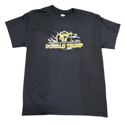 Trump 47th President T-Shirt featuring gold lettering and a portrait of Trump on a black shirt, designed for patriots celebrating American leadership.