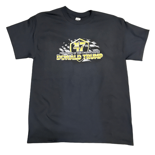 Trump 47th President T-Shirt featuring gold lettering and a portrait of Trump on a black shirt, designed for patriots celebrating American leadership.