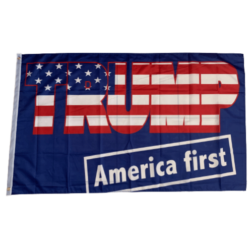 Trump America First 3x5 flag featuring bold white text on a blue background, displayed prominently outdoors.