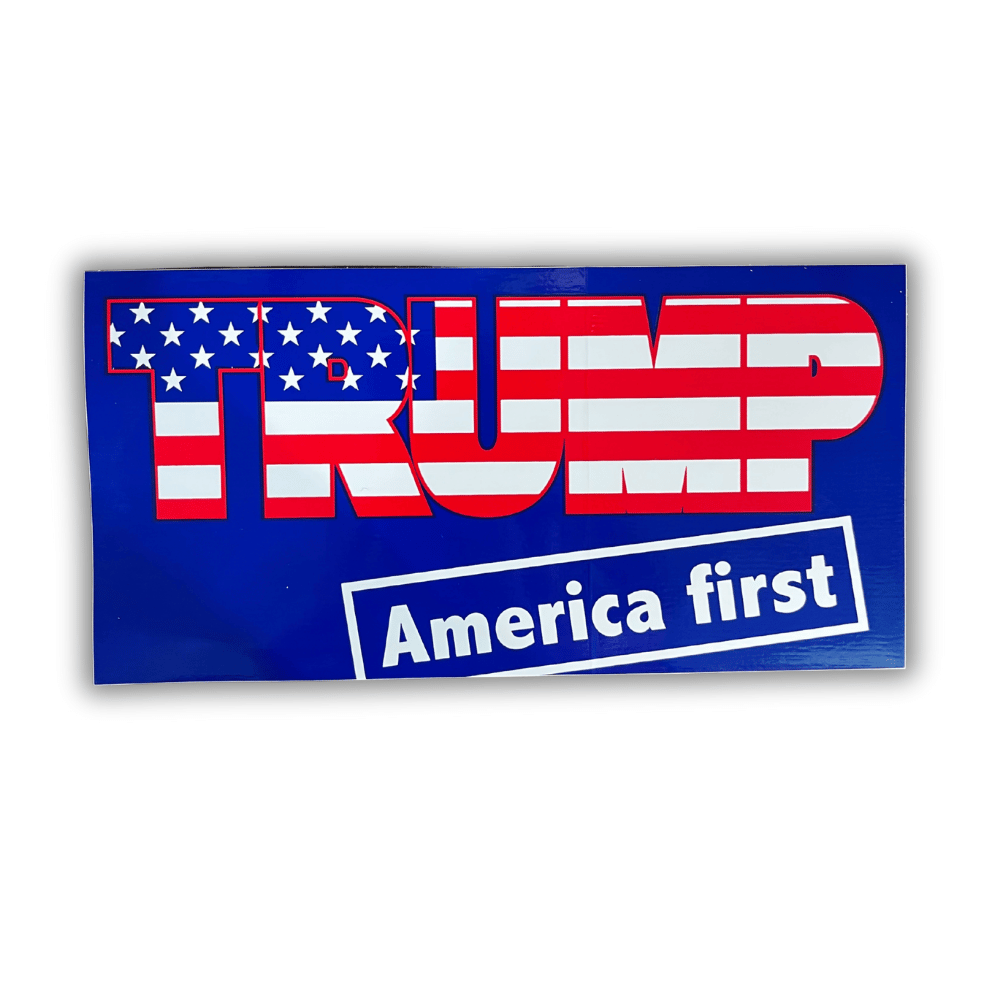 Trump America First Bumper Sticker on a car bumper, showcasing a bold patriotic design with vibrant colors against a sunset background.