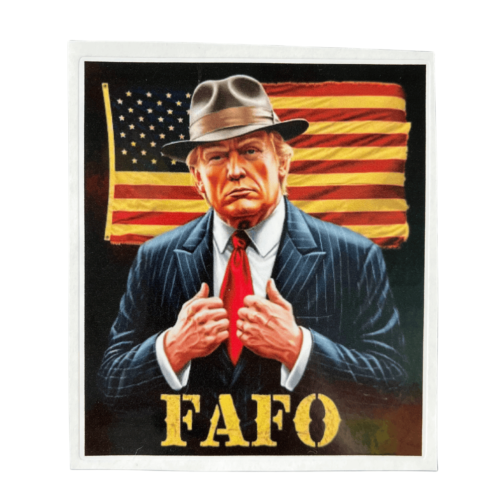 Trump Capone FAFO sticker displayed on a laptop, showcasing bold patriotic graphics and weather-resistant adhesive vinyl for long-lasting use.