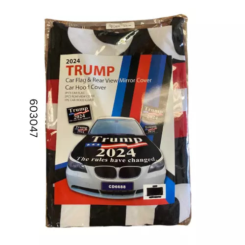 5-piece Trump Car Cover Pack 'The Rules Have Changed' featuring a black hood cover, mirror covers, and car flags displaying Trump 2024 slogan on a vehicle.