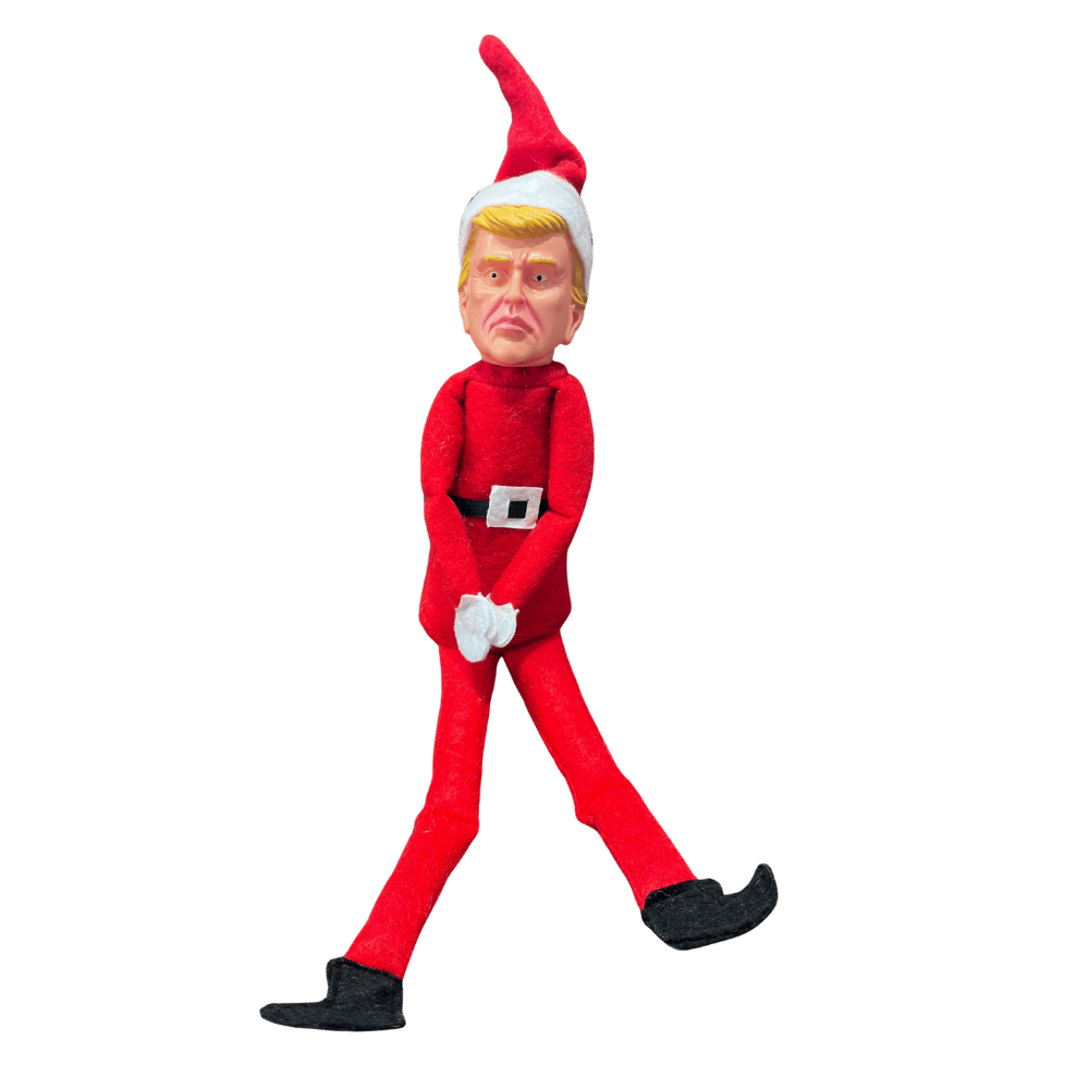 Trump Christmas Elf wearing a bright red outfit and Santa hat, with poseable legs and Velcro hands, perfect for humorous holiday decor.