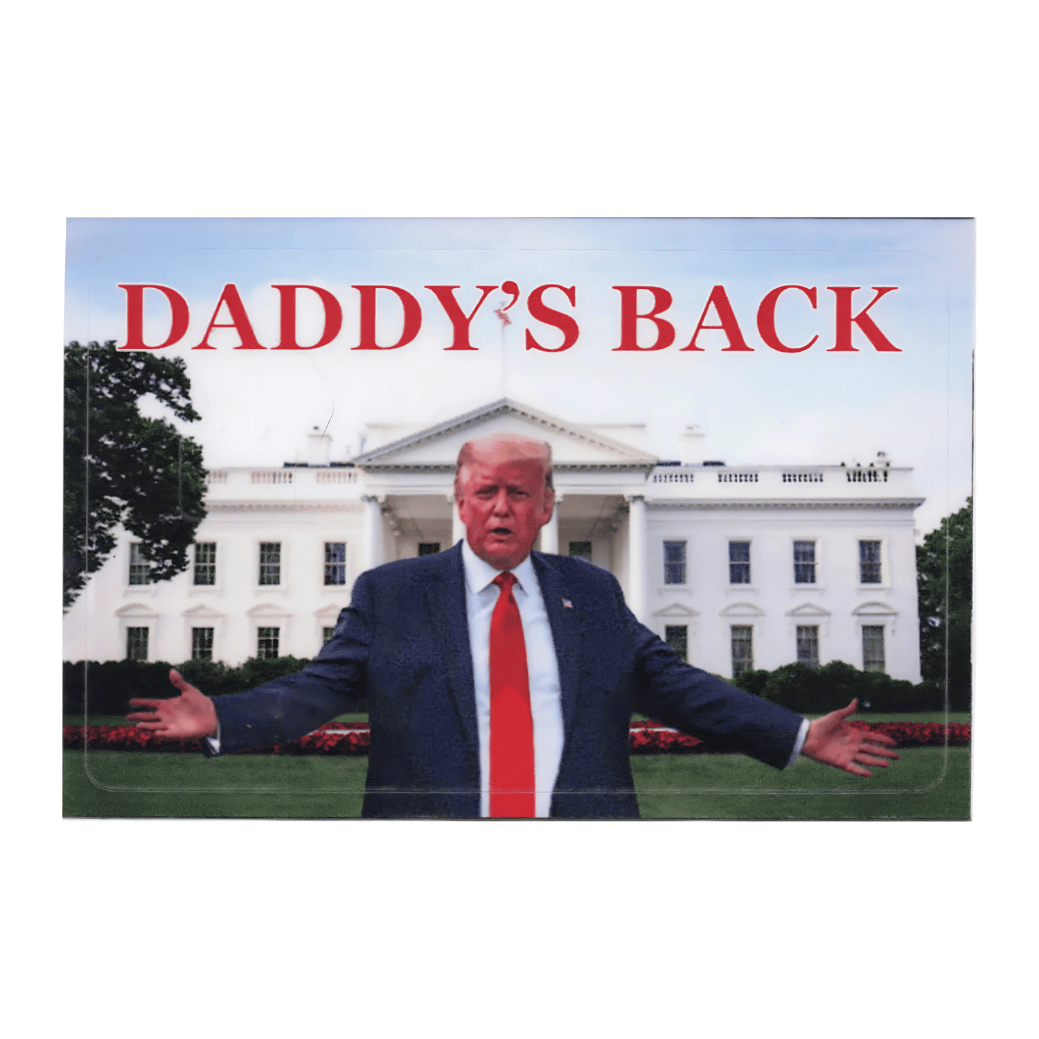 Trump Daddy's Back credit card cover featuring a bold image of Donald Trump in front of the White House, designed for stylish accessibility.
