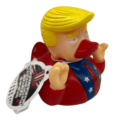 Whimsical Trump Duck rubber ducky featuring exaggerated features and red-white-blue attire, ready for bath time fun or display.