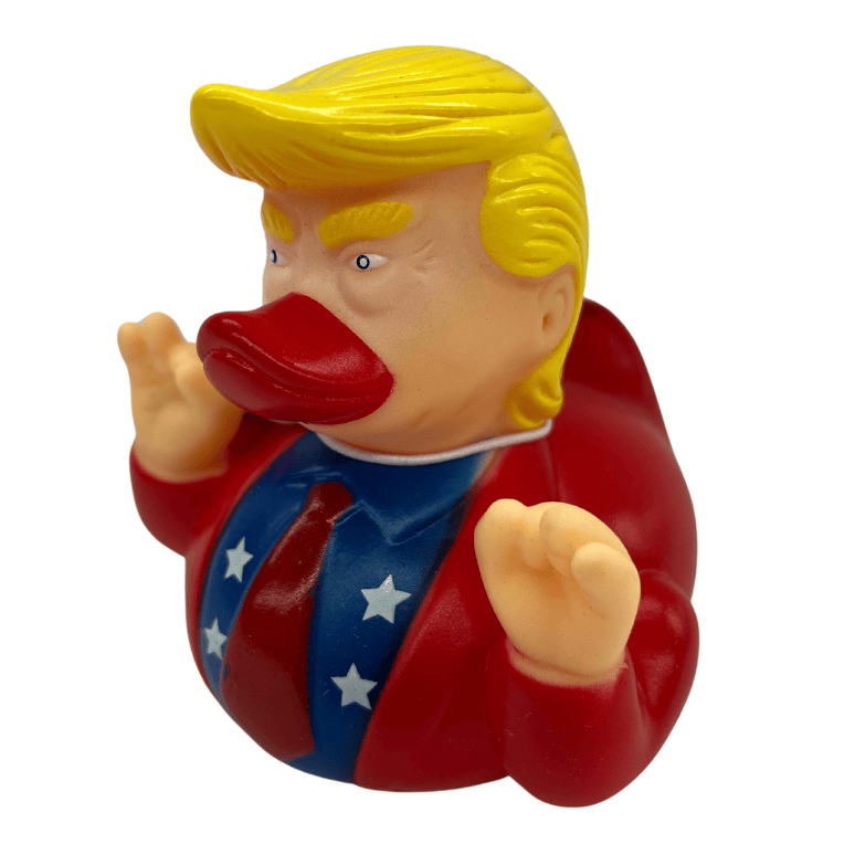 Whimsical Trump Duck rubber ducky featuring exaggerated features and red-white-blue attire, ready for bath time fun or display.