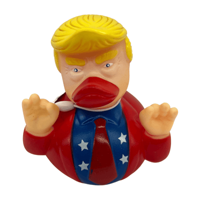 Whimsical Trump Duck rubber ducky featuring exaggerated features and red-white-blue attire, ready for bath time fun or display.