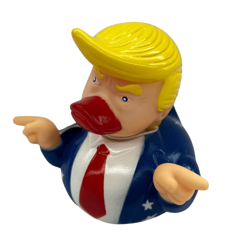 Trump Duck | Pointing Ducky Edition rubber duck featuring Trump's hairstyle, suit, and red tie, pointing dramatically with both wings.