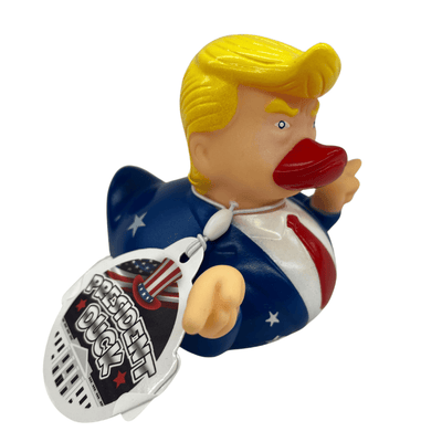 Trump Duck | Pointing Ducky Edition rubber duck featuring Trump's hairstyle, suit, and red tie, pointing dramatically with both wings.