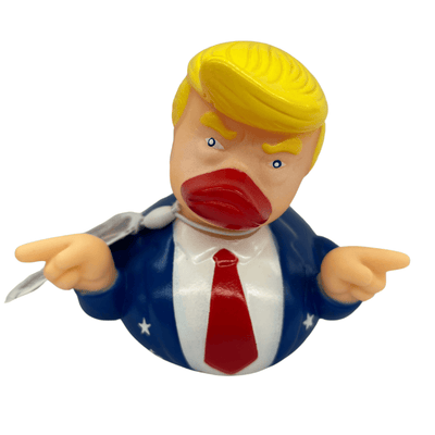 Trump Duck | Pointing Ducky Edition rubber duck featuring Trump's hairstyle, suit, and red tie, pointing dramatically with both wings.