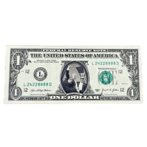 Trump Fight Fight Fight Real Fake Money featuring a sticker of Donald Trump's face placed over a genuine dollar bill.