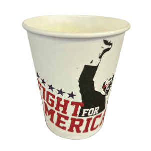 Trump Fight Paper Cups featuring American flag design and 'Fight for America' slogan on one side, ideal for patriotic gatherings and events.