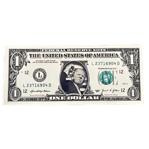 Trump Fight Real Fake Money features a genuine dollar bill with a playful Trump sticker, adding humor to your wallet and making a unique collectible statement.