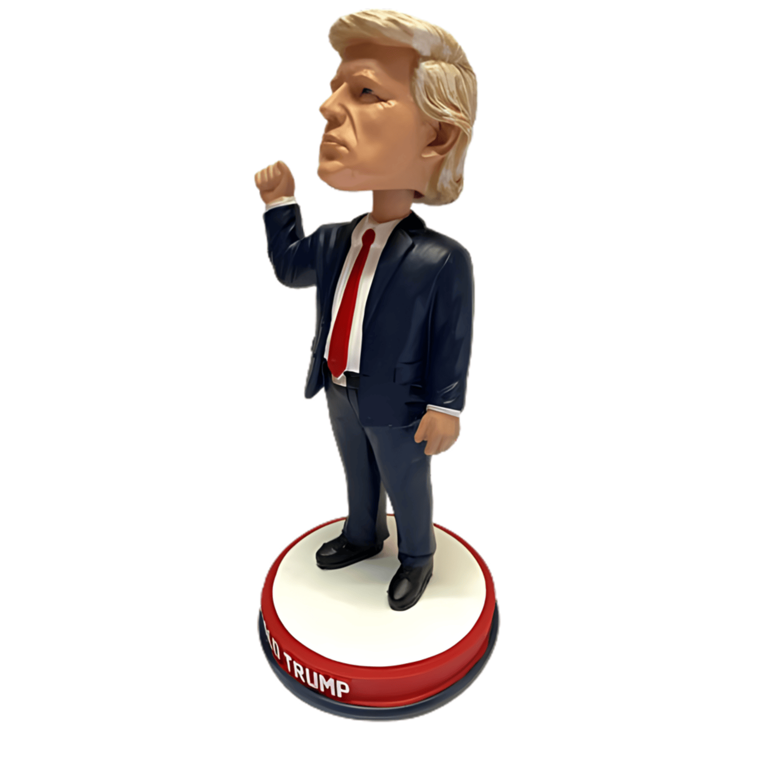 Trump Fist Pump Bandage Bobble Head featuring Donald Trump with a bloodied ear and a raised fist on a red, white, and blue base.