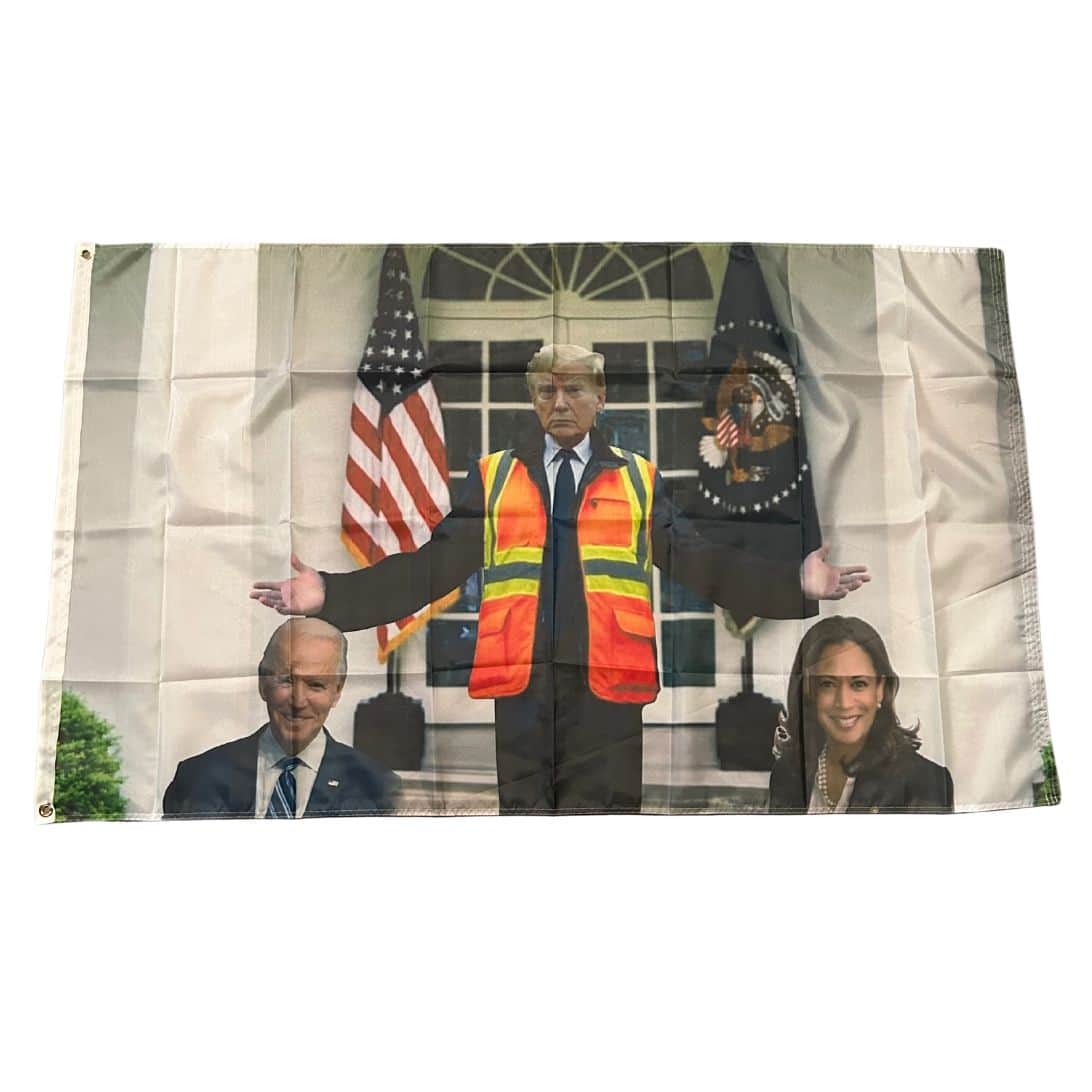 Trump Garbage Truck Flag, 3x5 feet in size, featuring a humorous design of Donald Trump as a garbage man taking out the trash, displayed outdoors.